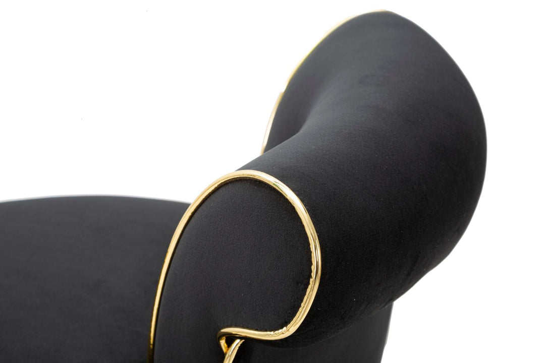 Schwarzer Samt-Barhocker mit schwarzen Holzbeinen und goldenen Details