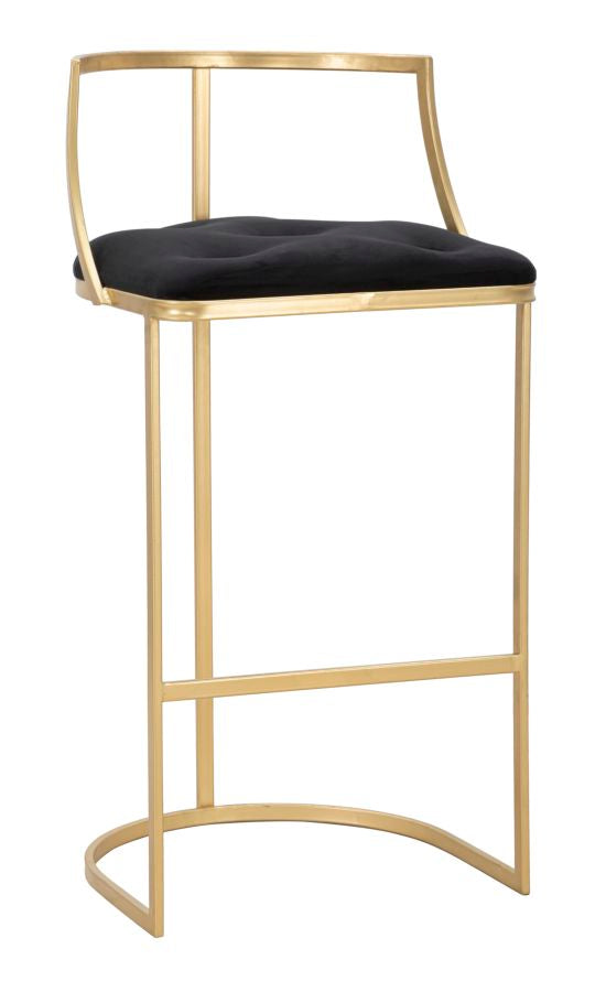 Barhocker aus schwarzem Samt mit goldenen Metallbeinen