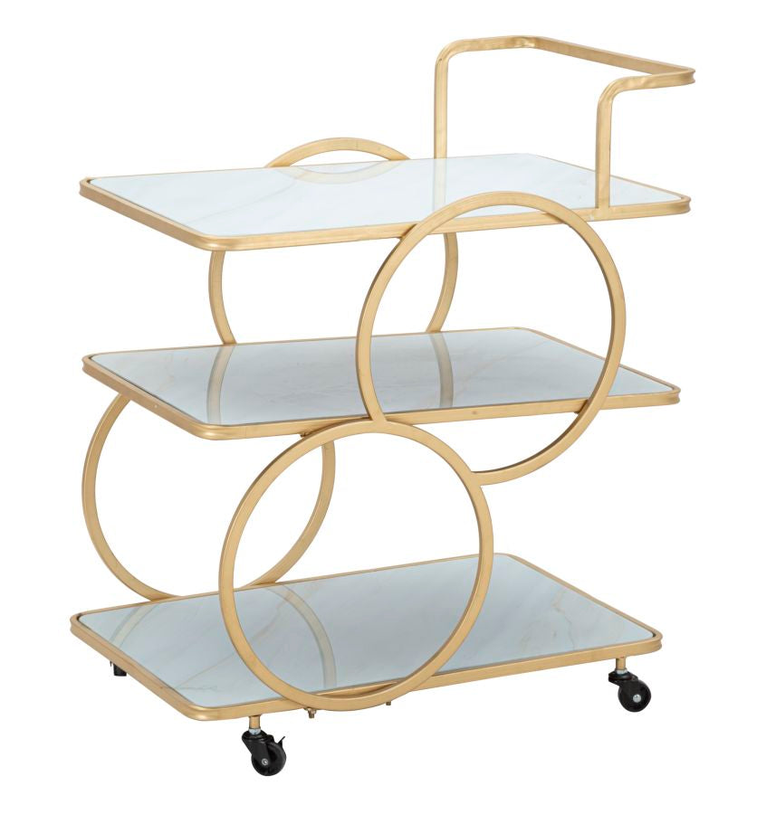 Goldfarbener Trolley aus Metall und Glas mit 3 Regalen