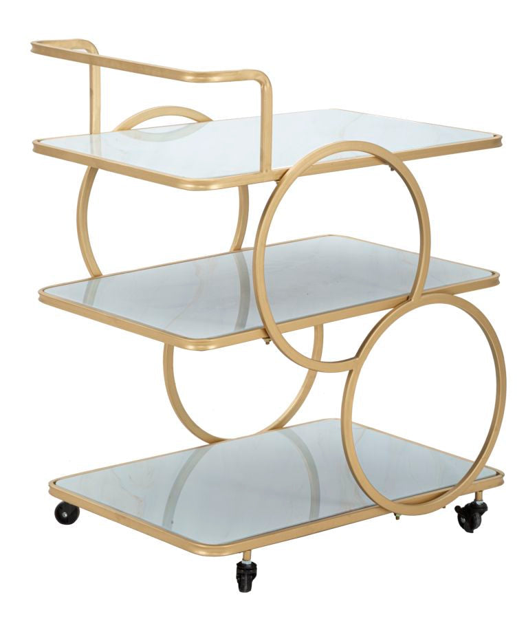 Goldfarbener Trolley aus Metall und Glas mit 3 Regalen