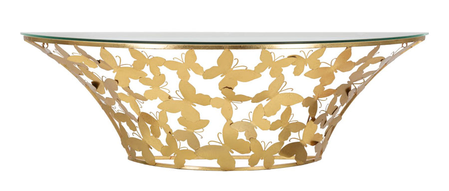 Goldenes Wandregal aus Metall und Glas mit Schmetterlingen