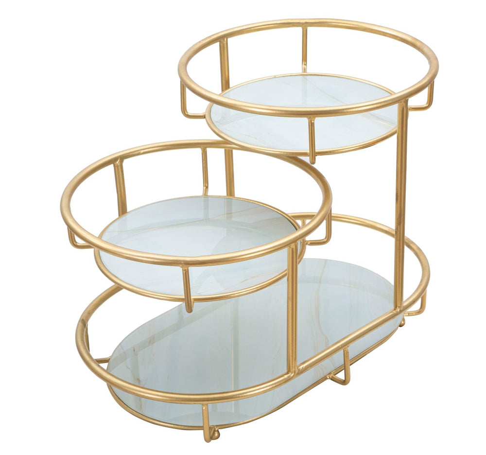 Goldfarbenes Tablett aus Metall und Glas mit 3 Einlegeböden
