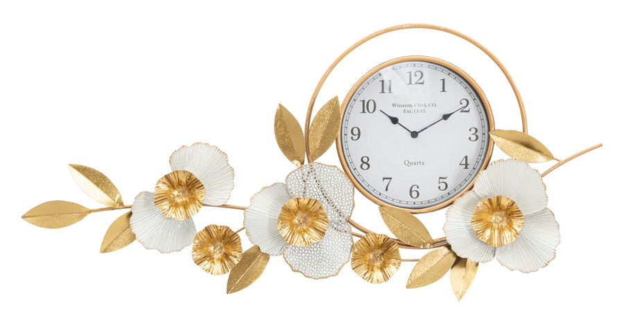 Elegante Wanduhr mit Blumenmuster in Gold und Weiß