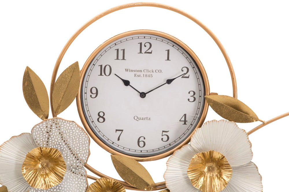Elegante Wanduhr mit Blumenmuster in Gold und Weiß