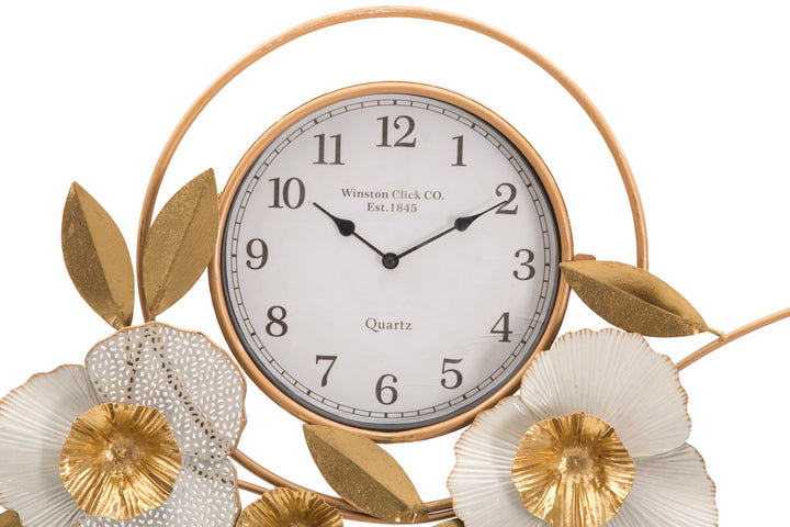 Elegante Wanduhr mit Blumenmuster in Gold und Weiß