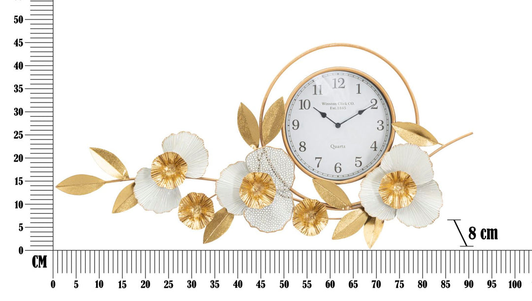 Elegante Wanduhr mit Blumenmuster in Gold und Weiß