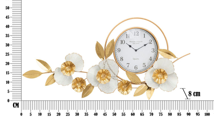 Elegante Wanduhr mit Blumenmuster in Gold und Weiß
