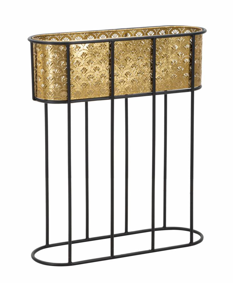 Ovaler goldener Metall-Pflanzkübel mit schwarzen Kachelbeinen