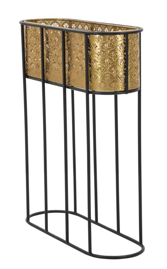 Ovaler goldener Metall-Pflanzkübel mit schwarzen Kachelbeinen