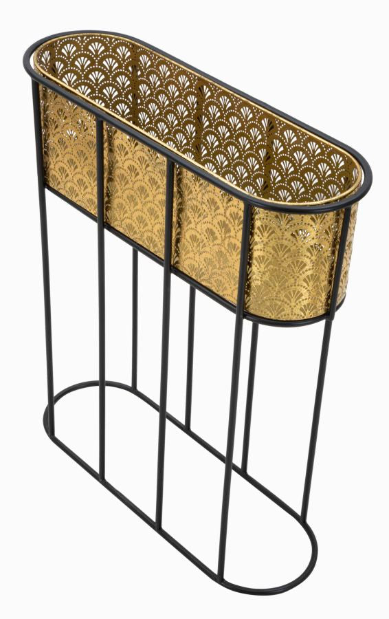 Ovaler goldener Metall-Pflanzkübel mit schwarzen Kachelbeinen