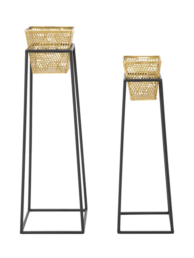 Rechteckige goldene Metallvase mit schwarzen Beinen (Paar)