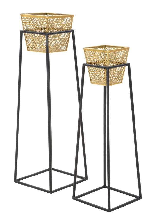 Rechteckige goldene Metallvase mit schwarzen Beinen (Paar)