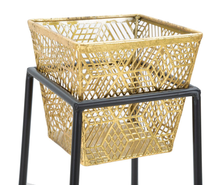 Rechteckige goldene Metallvase mit schwarzen Beinen (Paar)