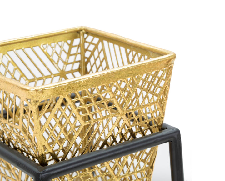 Rechteckige goldene Metallvase mit schwarzen Beinen (Paar)