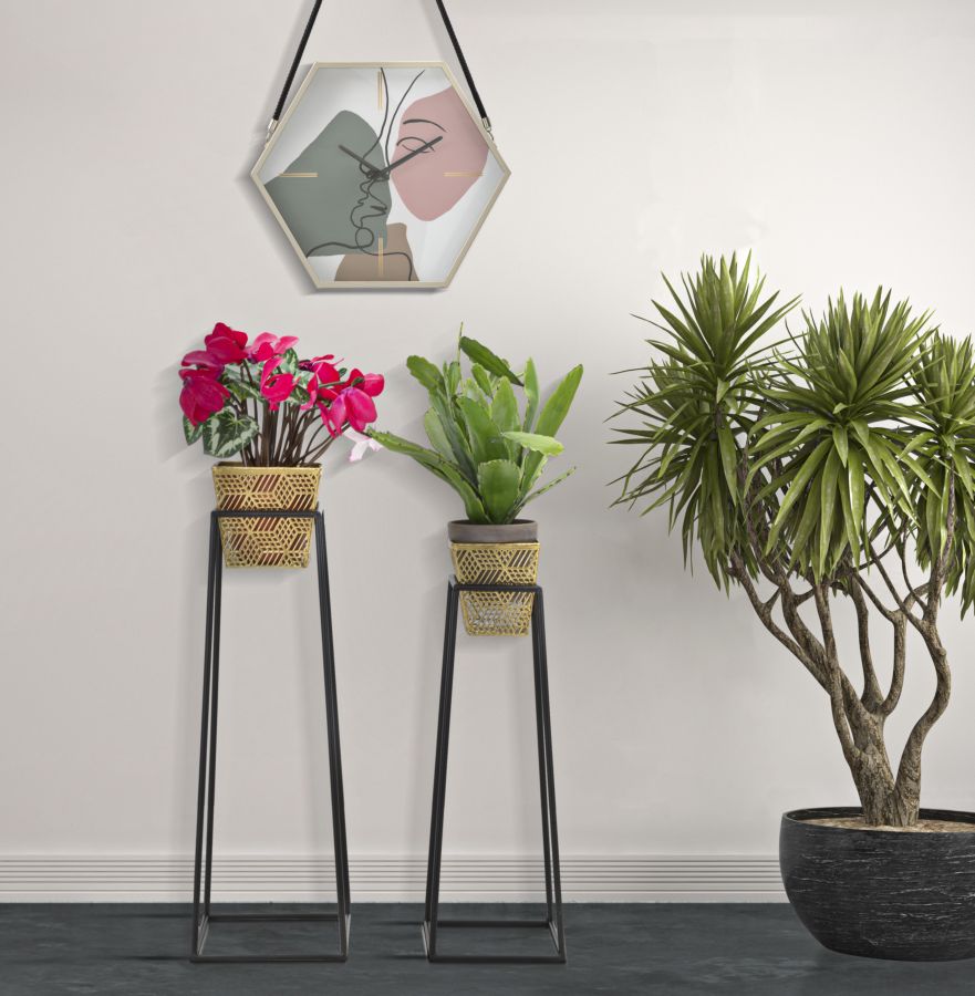 Rechteckige goldene Metallvase mit schwarzen Beinen (Paar)