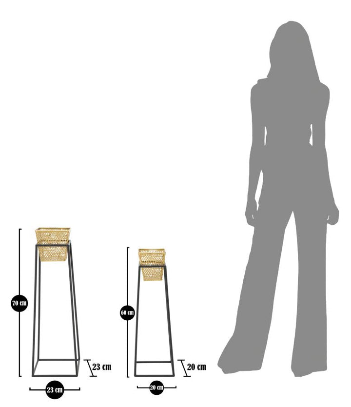 Rechteckige goldene Metallvase mit schwarzen Beinen (Paar)