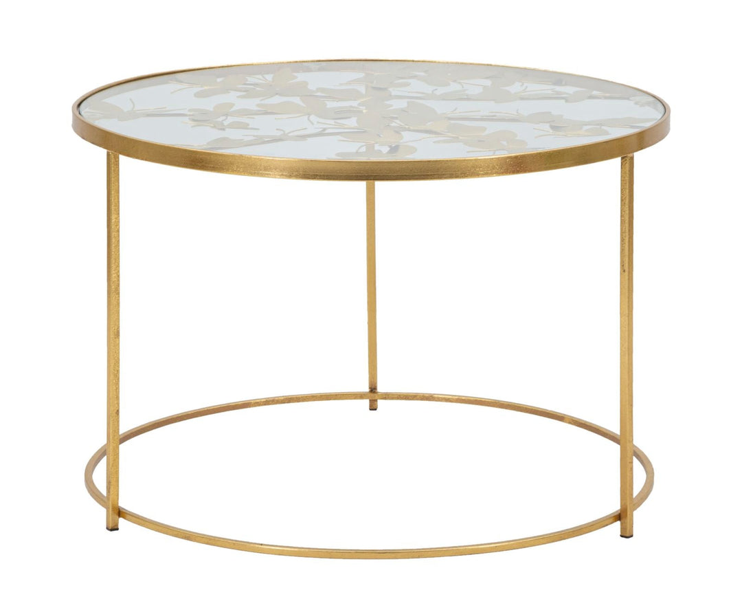 Runder Couchtisch aus goldenem Metall und Glas