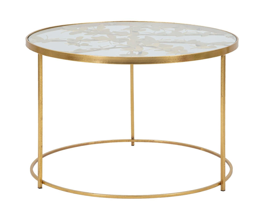 Runder Couchtisch aus goldenem Metall und Glas