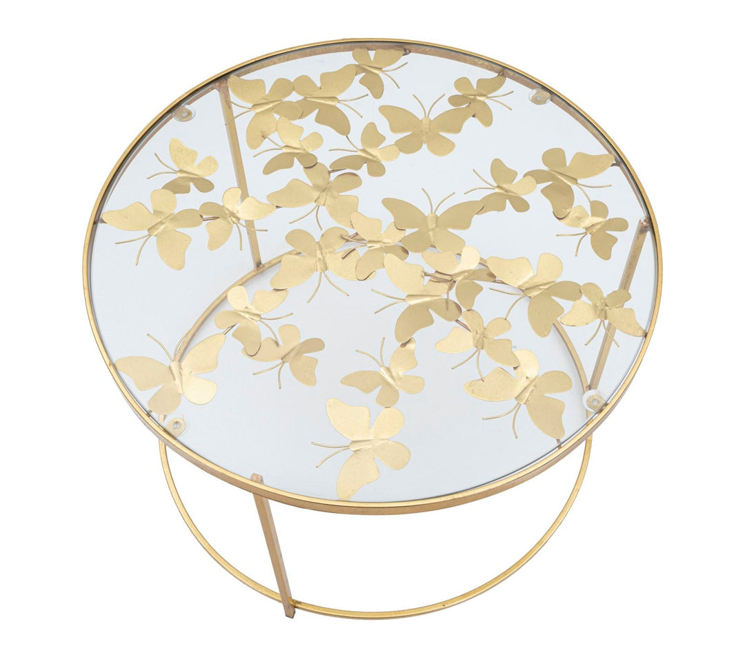 Runder Couchtisch aus goldenem Metall und Glas