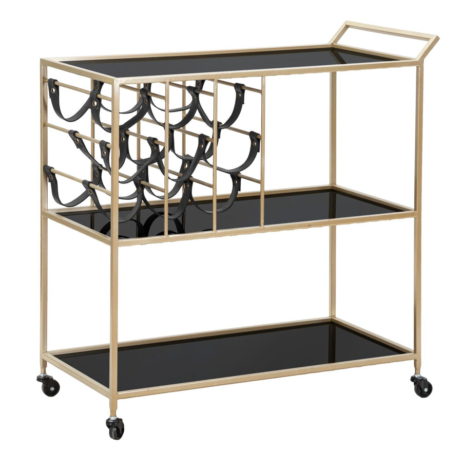 Trolley aus Metall und Glas in Schwarz und Gold mit Flaschenhalter und Rädern