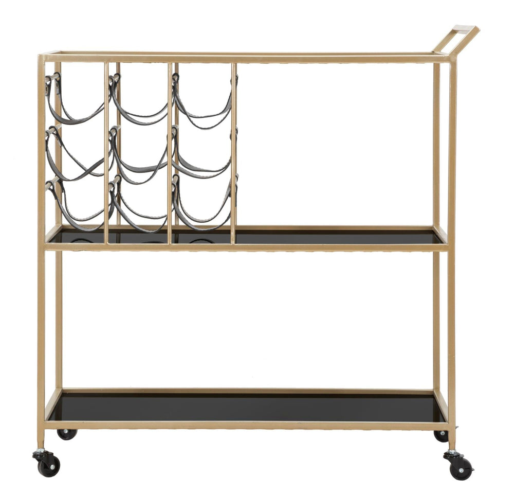 Trolley aus Metall und Glas in Schwarz und Gold mit Flaschenhalter und Rädern