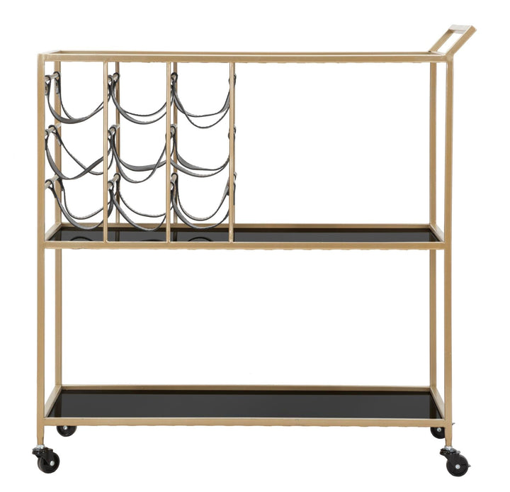 Trolley aus Metall und Glas in Schwarz und Gold mit Flaschenhalter und Rädern