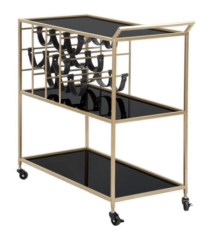 Trolley aus Metall und Glas in Schwarz und Gold mit Flaschenhalter und Rädern