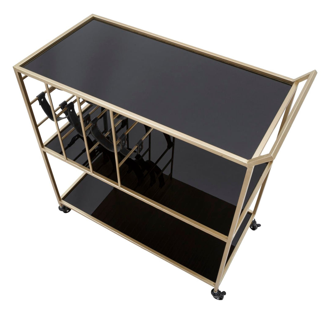Trolley aus Metall und Glas in Schwarz und Gold mit Flaschenhalter und Rädern