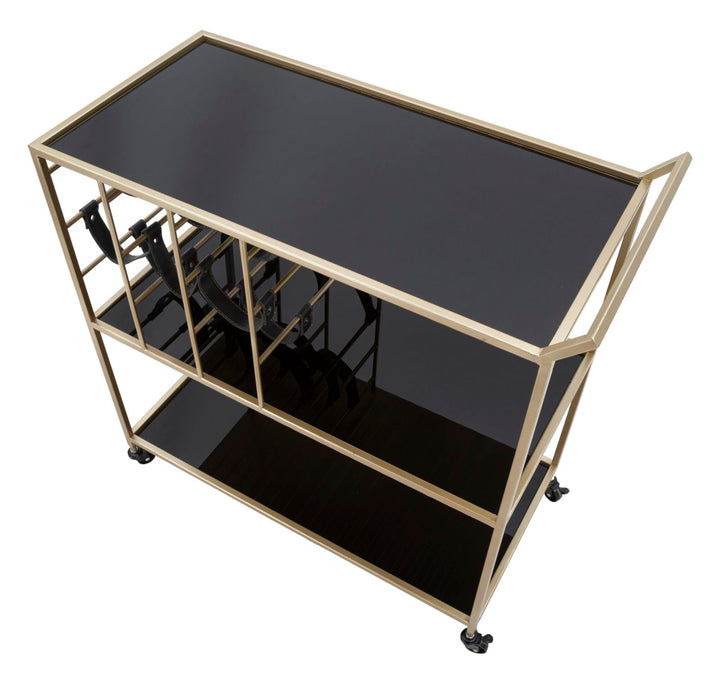 Trolley aus Metall und Glas in Schwarz und Gold mit Flaschenhalter und Rädern