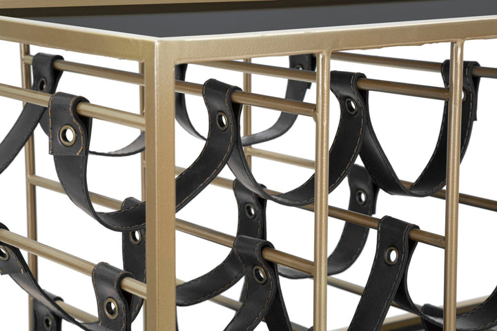 Trolley aus Metall und Glas in Schwarz und Gold mit Flaschenhalter und Rädern