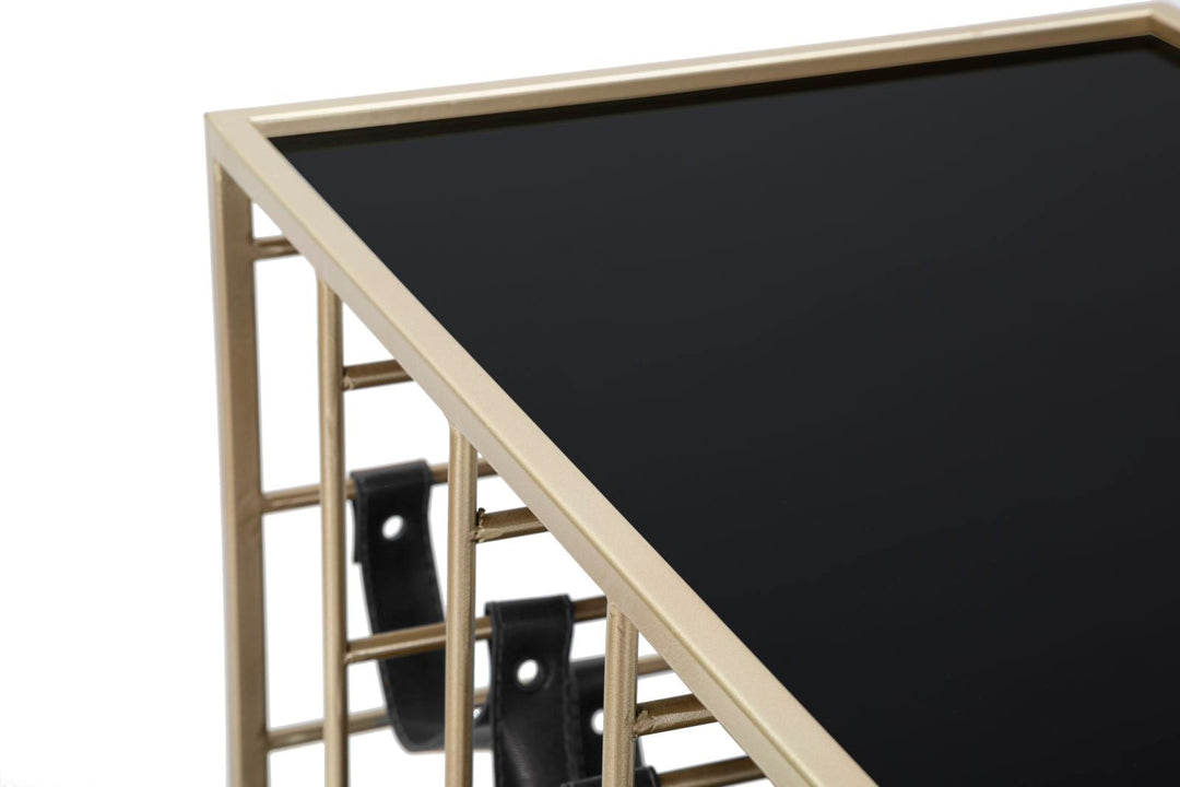Trolley aus Metall und Glas in Schwarz und Gold mit Flaschenhalter und Rädern