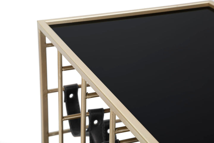 Trolley aus Metall und Glas in Schwarz und Gold mit Flaschenhalter und Rädern