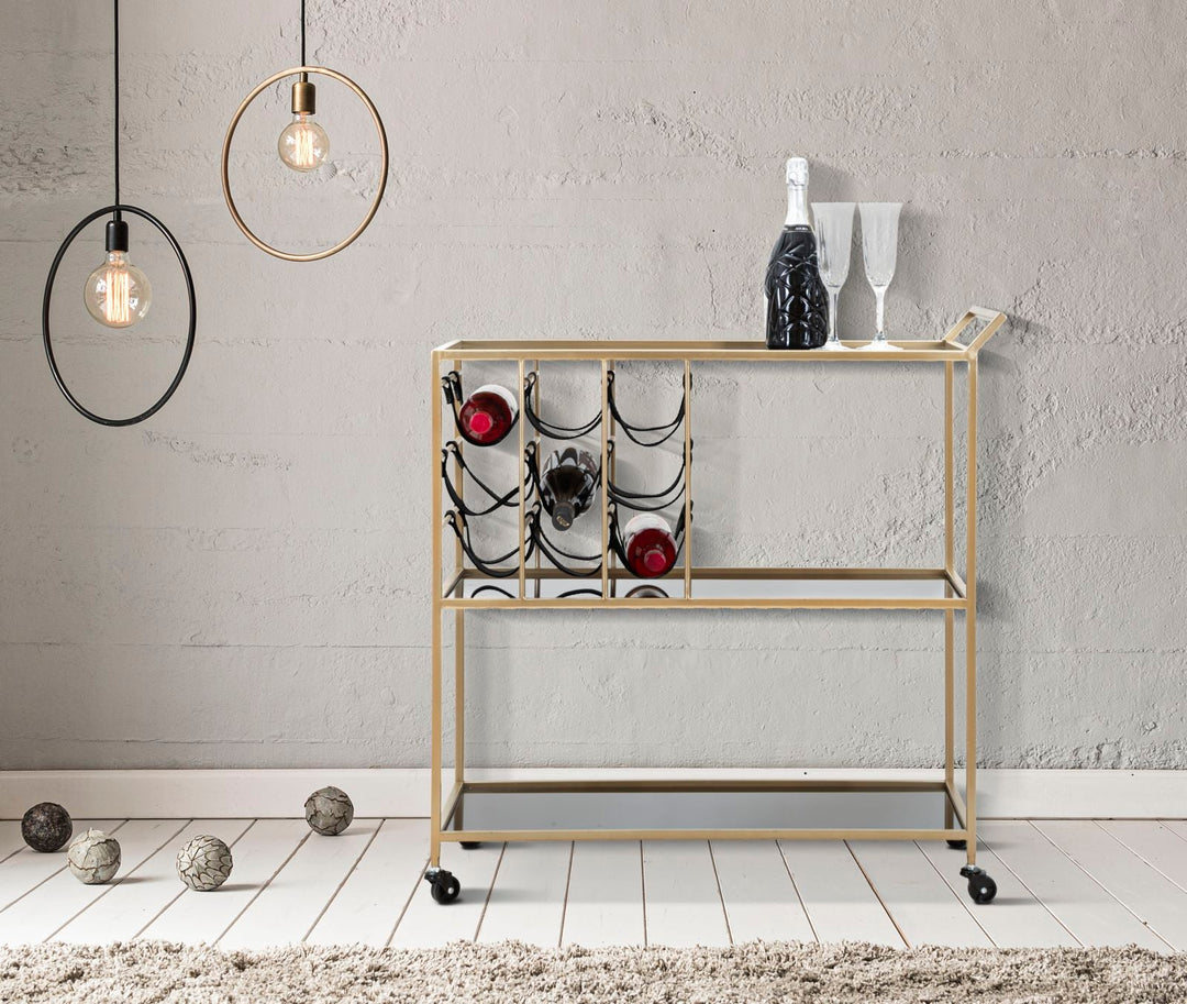 Trolley aus Metall und Glas in Schwarz und Gold mit Flaschenhalter und Rädern