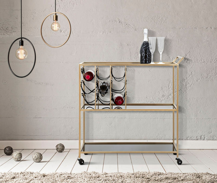 Trolley aus Metall und Glas in Schwarz und Gold mit Flaschenhalter und Rädern