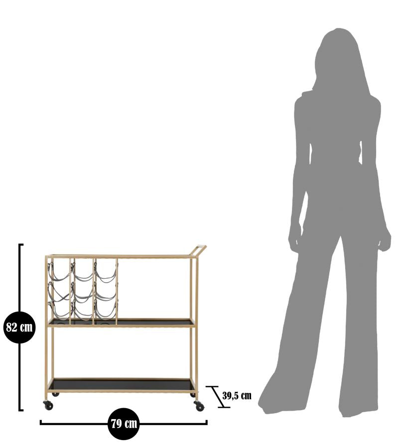 Trolley aus Metall und Glas in Schwarz und Gold mit Flaschenhalter und Rädern