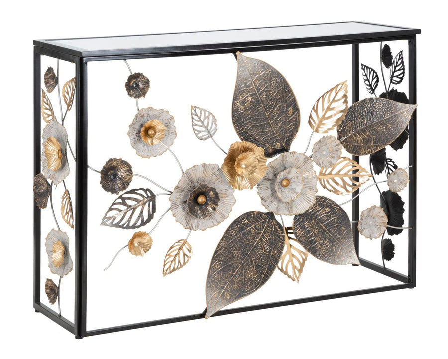 Schwarzer Konsolentisch aus Metall und Glas mit Blumen- und Blattmotiv