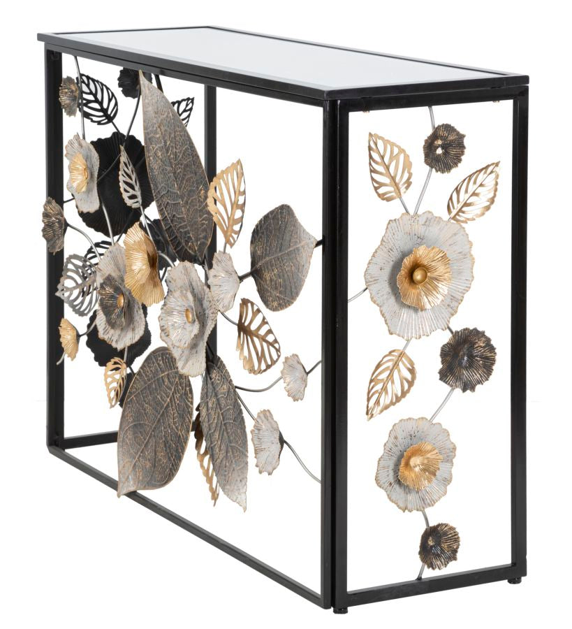 Schwarzer Konsolentisch aus Metall und Glas mit Blumen- und Blattmotiv
