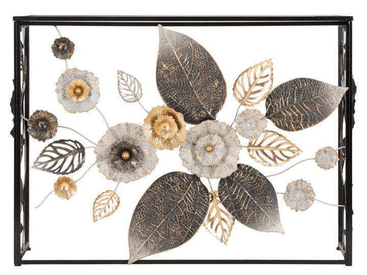 Schwarzer Konsolentisch aus Metall und Glas mit Blumen- und Blattmotiv