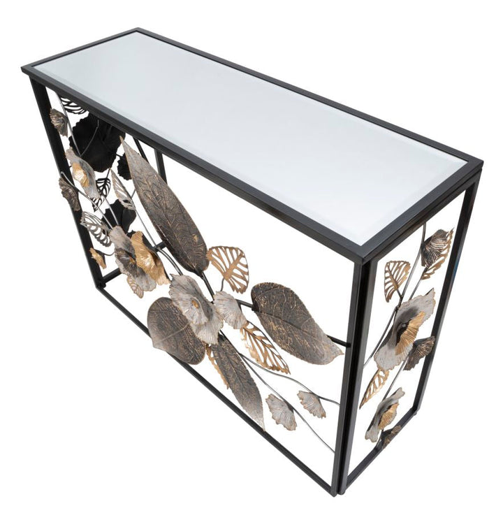 Schwarzer Konsolentisch aus Metall und Glas mit Blumen- und Blattmotiv