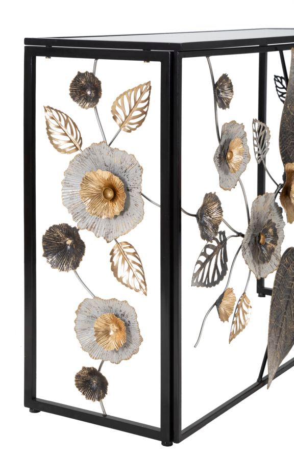 Schwarzer Konsolentisch aus Metall und Glas mit Blumen- und Blattmotiv