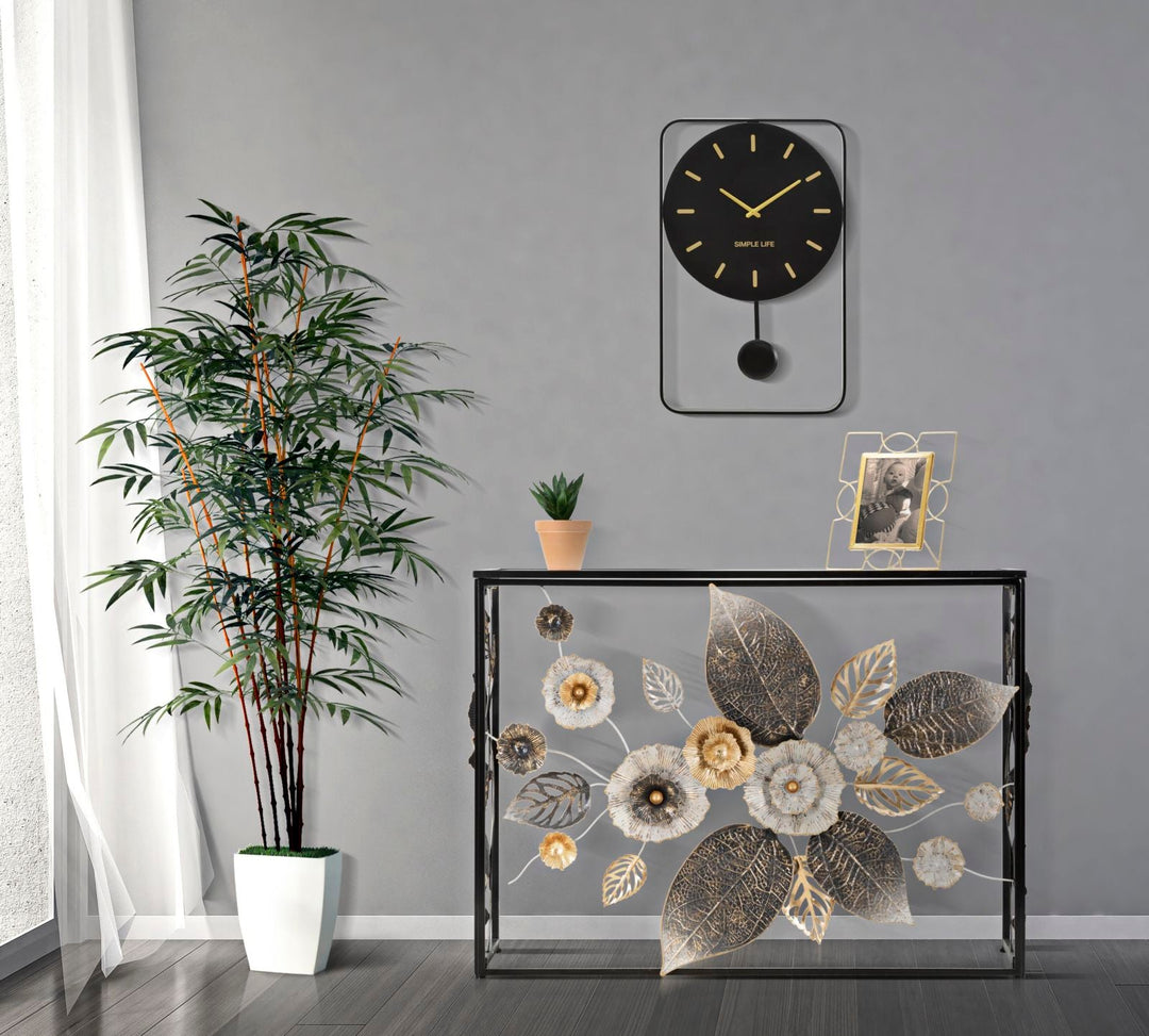 Schwarzer Konsolentisch aus Metall und Glas mit Blumen- und Blattmotiv