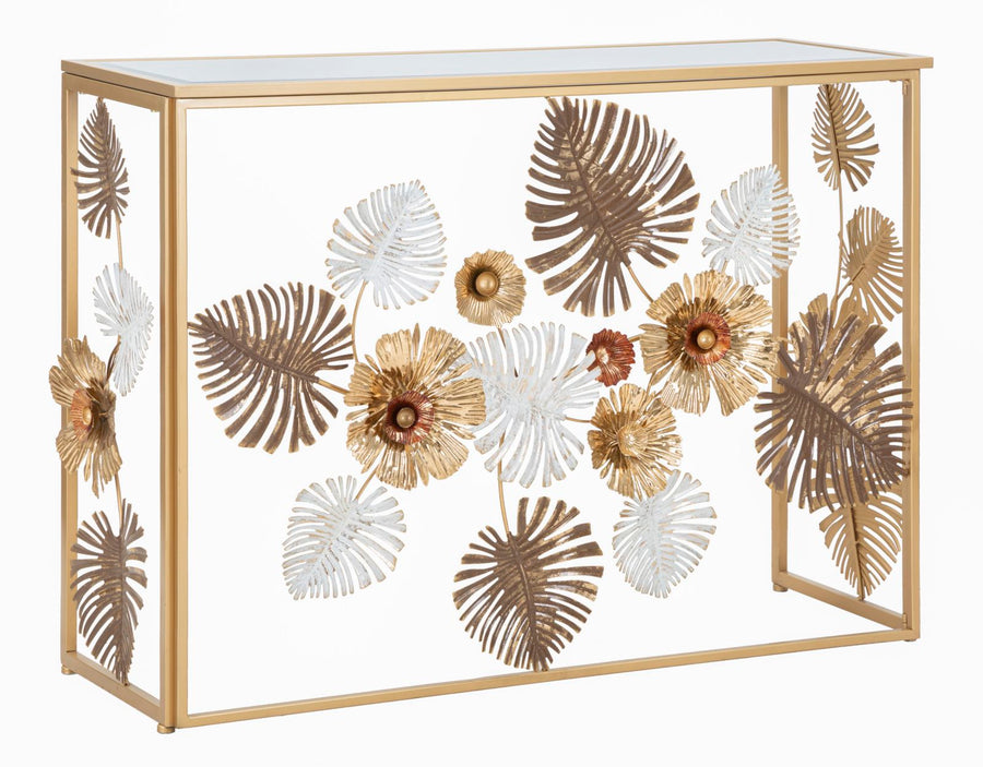 Goldener Konsolentisch aus Metall und Glas mit Blumen- und Blattmuster