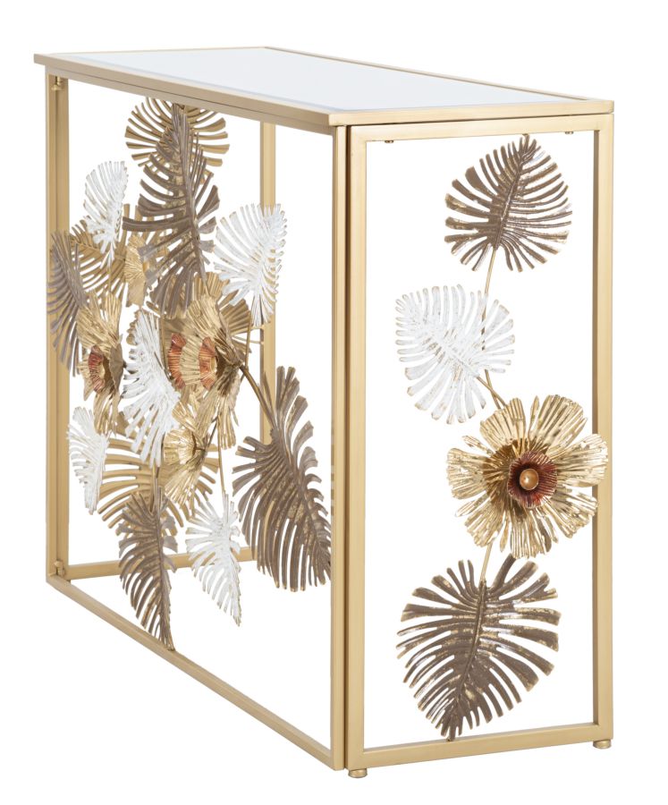 Goldener Konsolentisch aus Metall und Glas mit Blumen- und Blattmuster