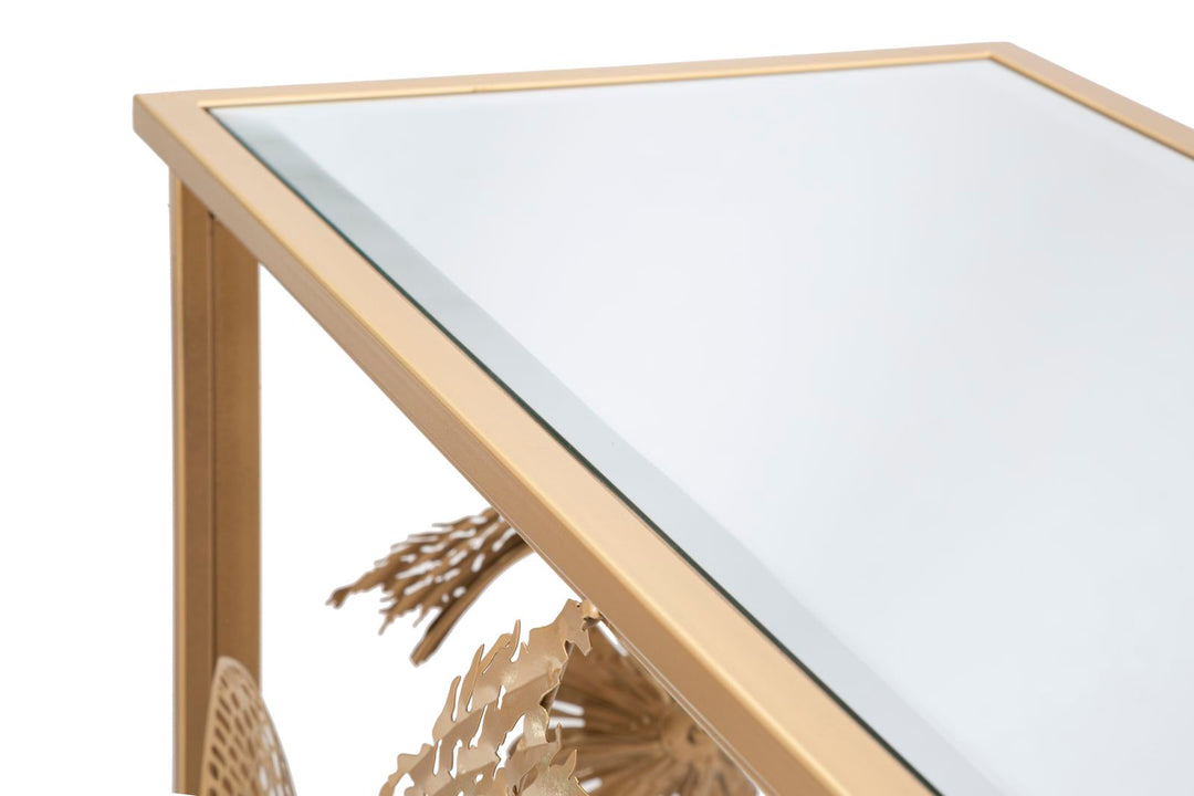 Geometrischer Konsolentisch aus Goldmetall und Glas