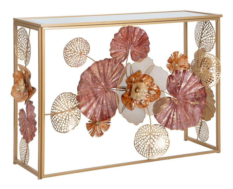 Konsolentisch aus Metall und Glas mit goldenem und rotem Blatt- und Blumenmuster