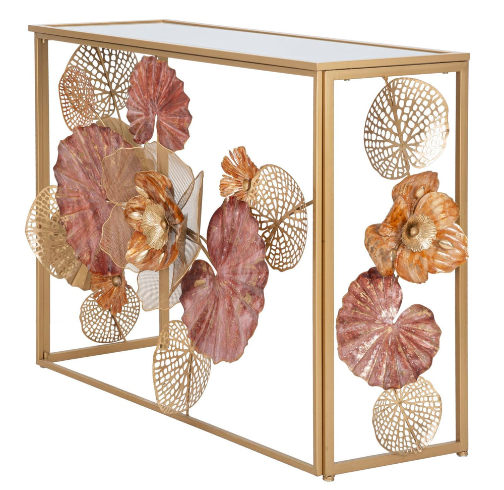Konsolentisch aus Metall und Glas mit goldenem und rotem Blatt- und Blumenmuster