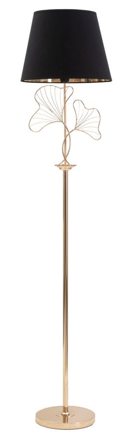 Stehlampe aus goldfarbenem Metall und schwarzem Blättermuster
