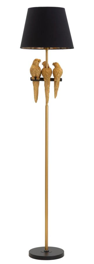 Stehlampe aus Metall mit Papageien in Gold und Schwarz