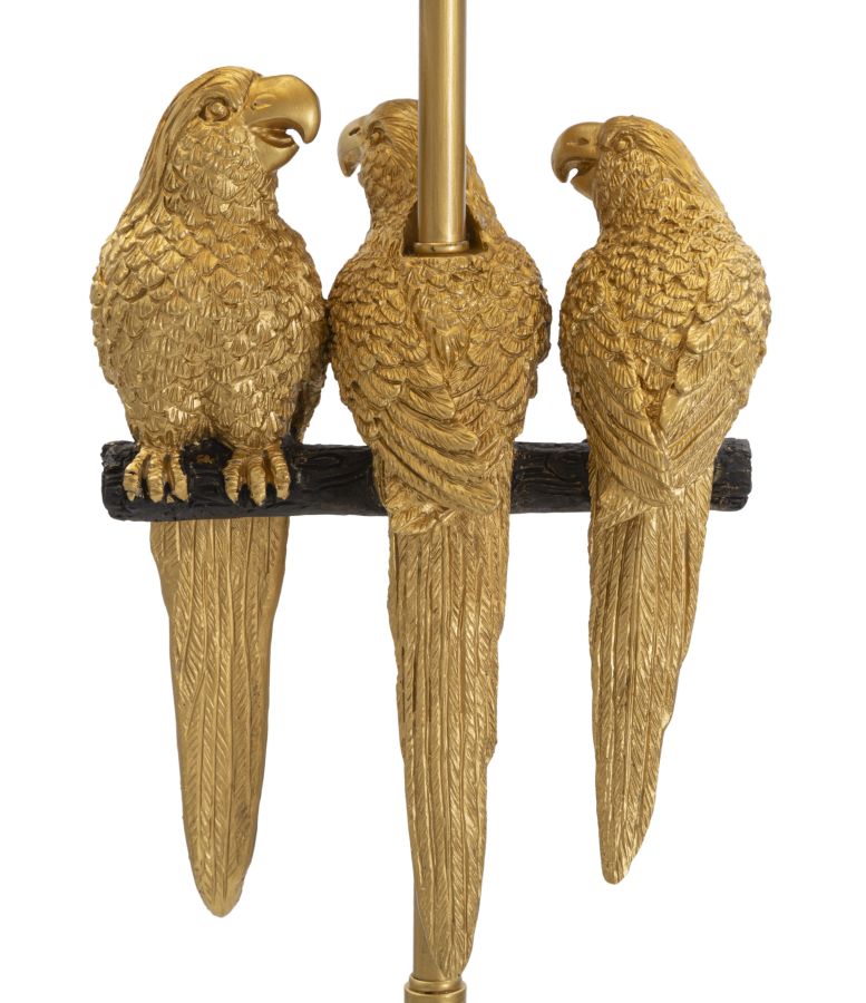 Stehlampe aus Metall mit Papageien in Gold und Schwarz
