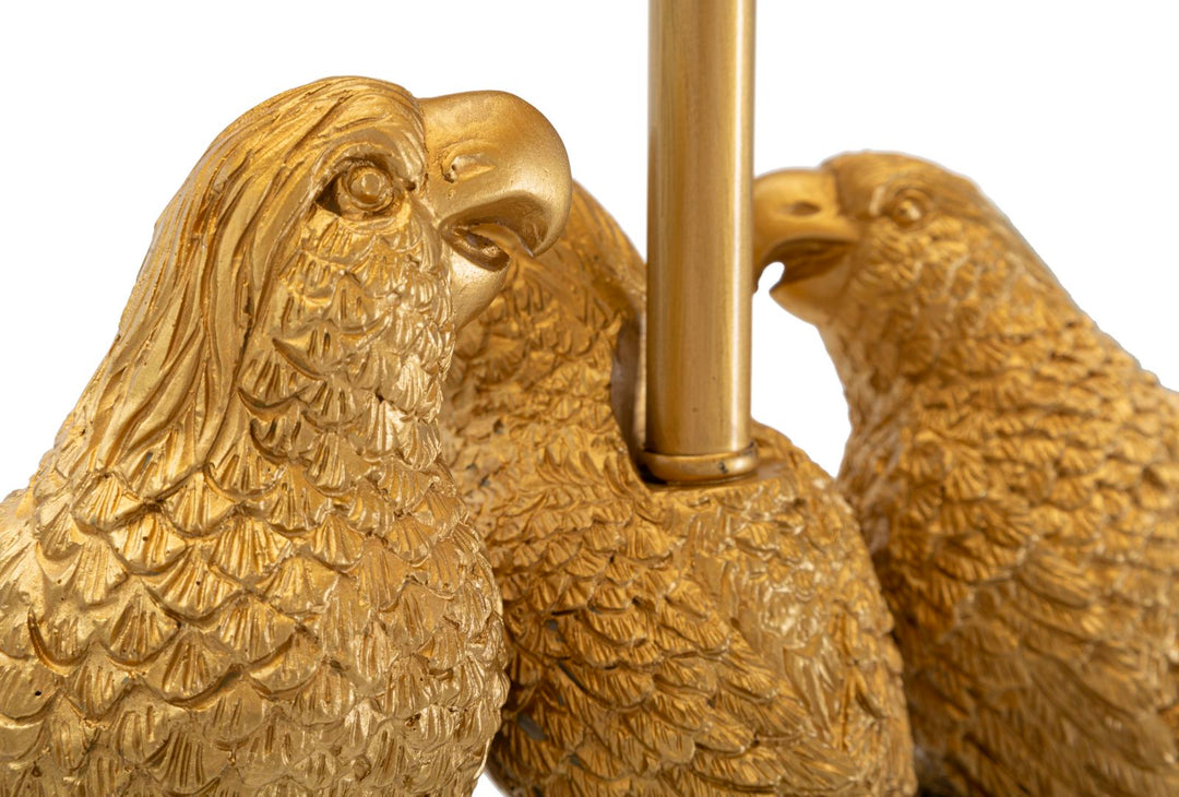 Stehlampe aus Metall mit Papageien in Gold und Schwarz